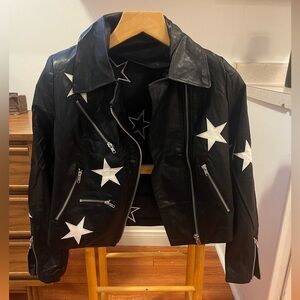 Rare Vintage 1970s Black Leather Jacket with White Stars – $300